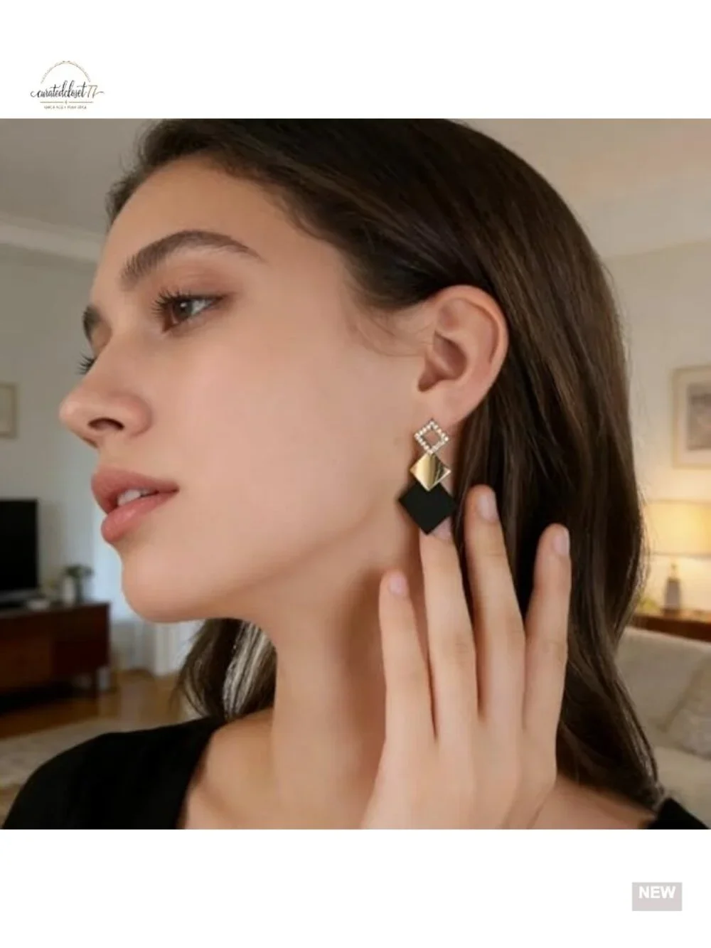 Geometric Square Dangle Earrings, Statement Minimalist Rhinestone Earrings,
